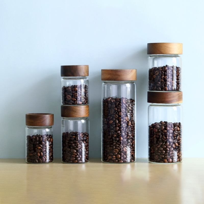 Coffee Equipment Tools - Glazen buisvormige koffiebonenopslagcontainer met houten deksel,